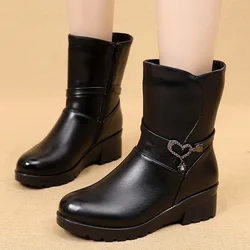 Winter Fashion Genuine Leather Women Mid Calf Boots Casual Round Toe Zipper Plush Warm Female Shoes Lady Non-slip Snow Boots