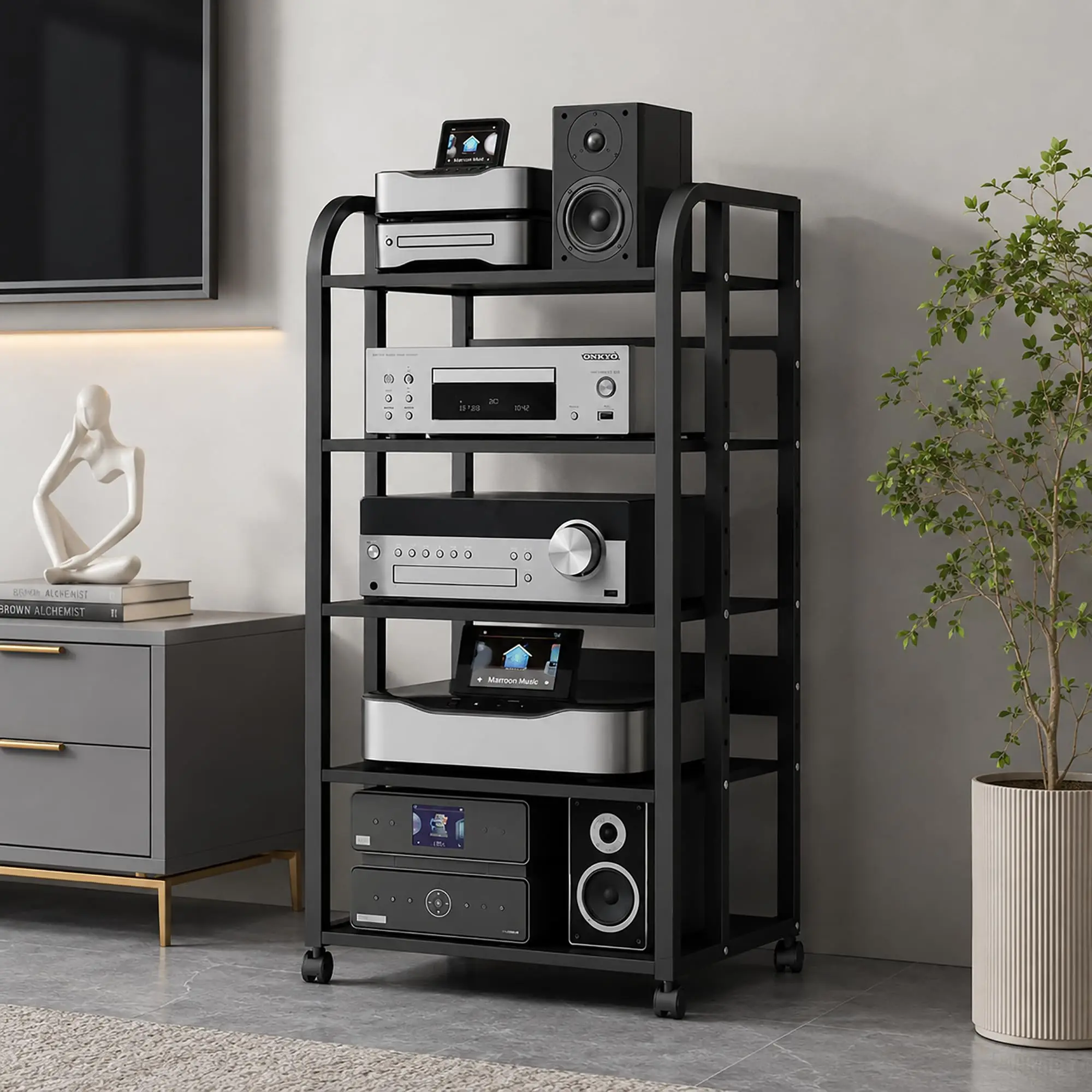5 Tier Av Media Stand with Wheels, 39in Adjustable Audio Rack