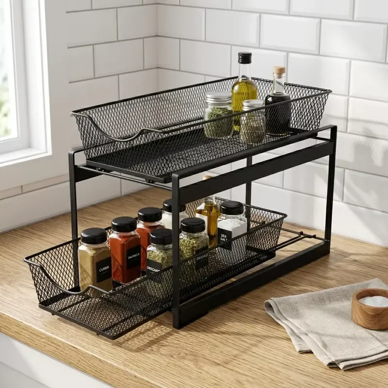 for Eco-friendly modern multi-purpose mesh two-layer sliding drawer basket storage box, suitable for kitchen, home office,