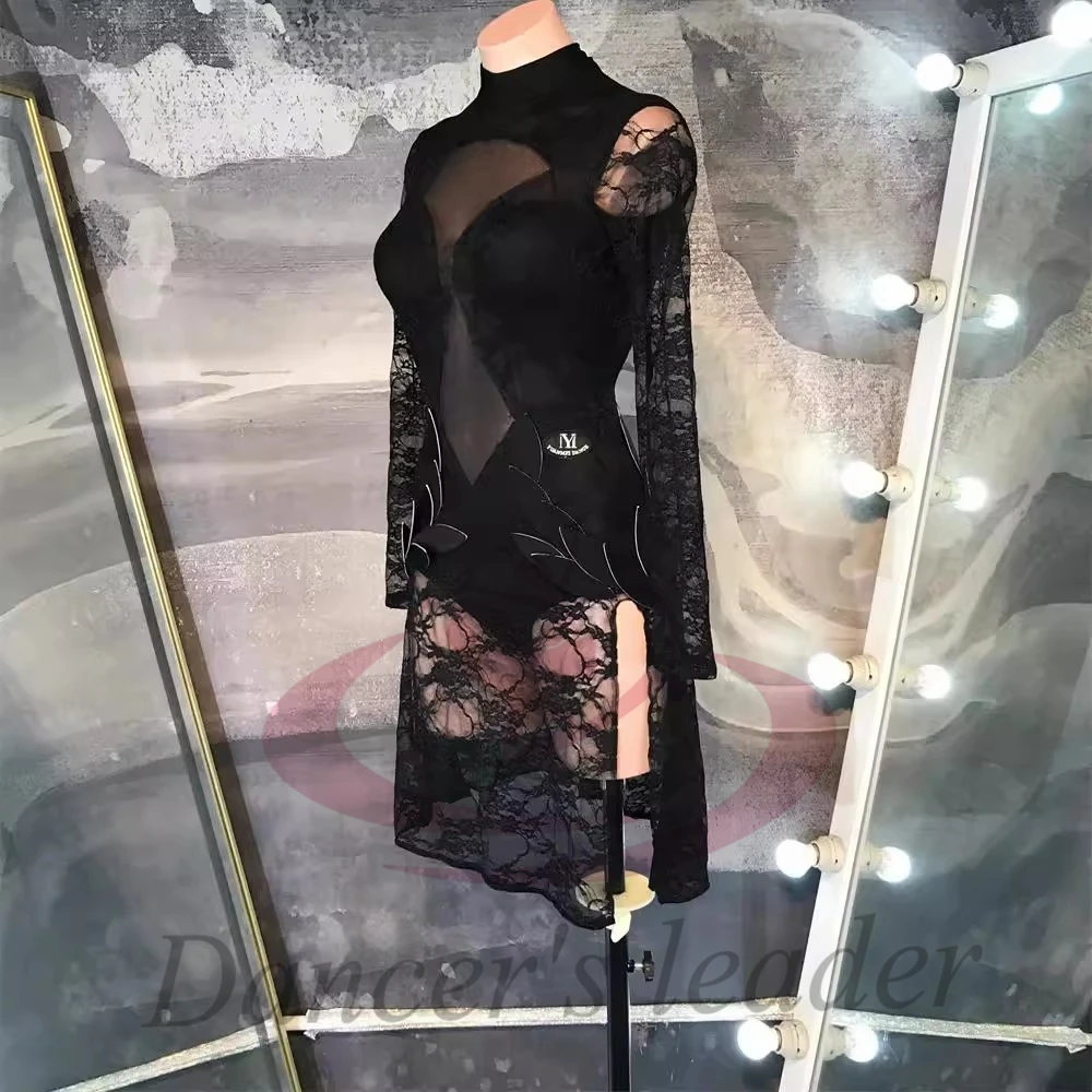 Latin Dancer Adult Children High-End Customized Black Embroidered Mesh High Neck Cha Cha Samba Professional Performance Dress