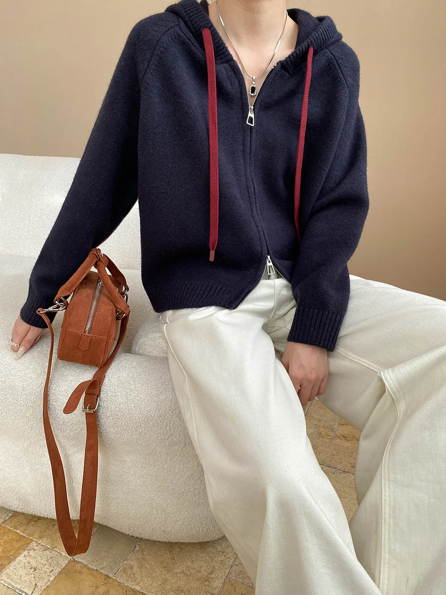 

Модная повседневная толстовка с двойной молнией на шнурке, негабаритный утягивающий вязаный свитер, куртка