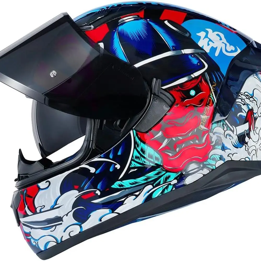 خوذة دراجة نارية ذات قناع مزدوج للبالغين - معتمدة من وزارة النقل، جاهزة للقفل، أحمر ساموراي، مقاس S #3