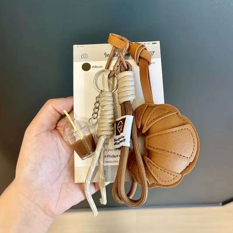New Braided Rope Croissant Keychain Bread Shape Heart Bag Pendant Leather Mobile Phone Lanyard Gifts