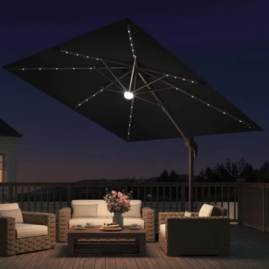 9x9 Feet Cantilever Offset Patio Umbrella with Lights for outdoor use, aluminum frame, black, UV-resistant fabric and integrate