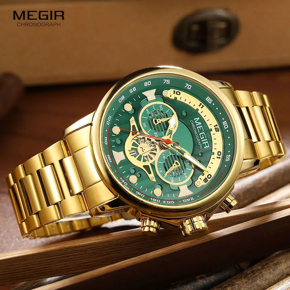 MEGIR Gold Green Quartz Watch for Men Fashion Stainless Steel Chronograph Luminous Wristwatch with Auto Date 24-hour Waterproof