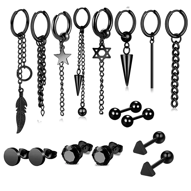 6-20pcs/set  Black Punk Stainless Steel Women Men Hoop Earrings Small Trendy Round Cross Pendants Jewelry  Hip Hop Ear Stud