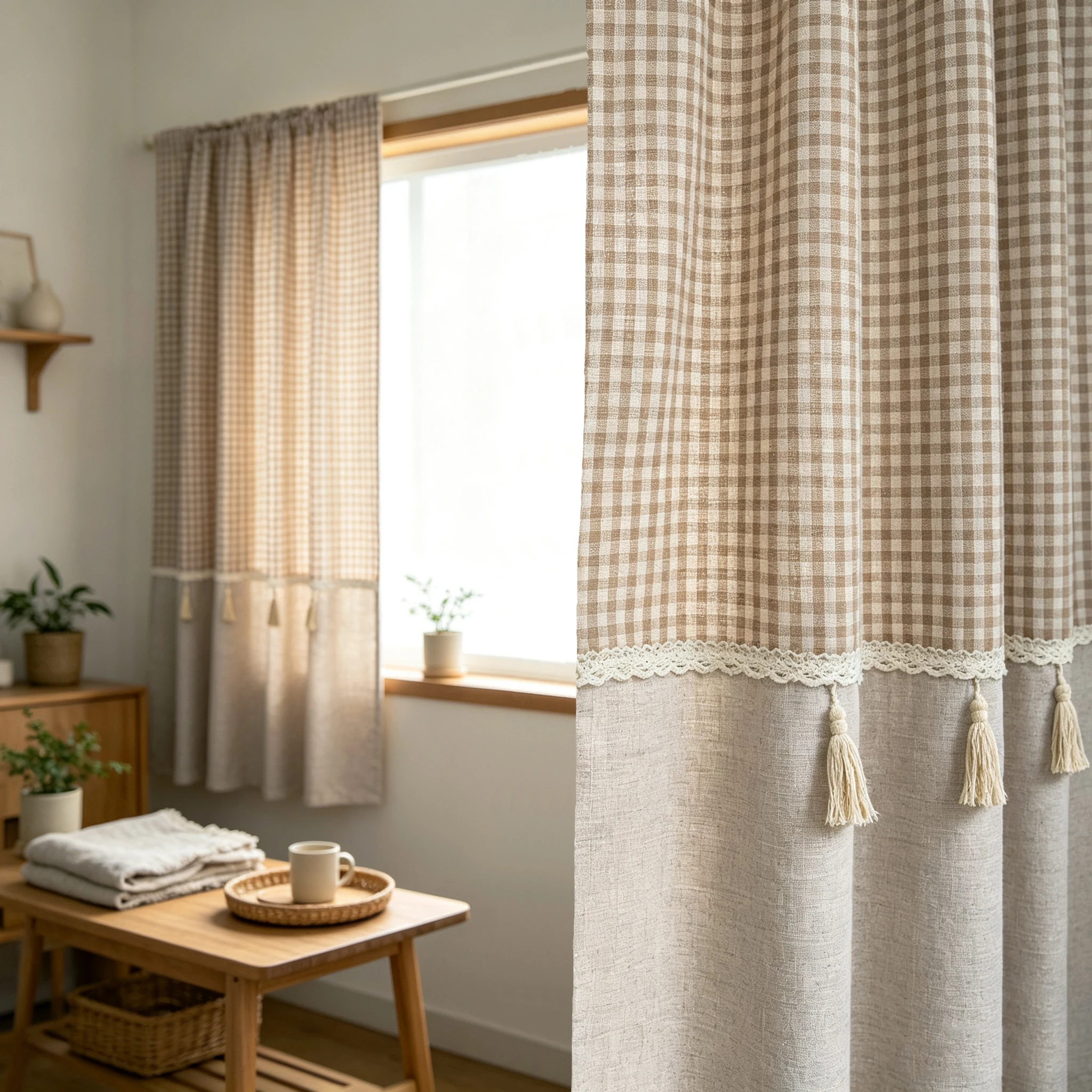 Farmhouse Gingham Window Curtain 2Pcs Faux Linen Pocket Curtains with Lace Trim Tassels Semi‑Sheer Drapes for Living Room Bedroo
