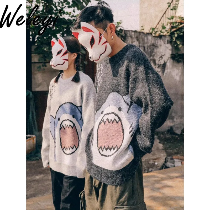 Men's and Women's Shark Printed Thickened Sweater 2024 Autumn and Winter Crew Neck Knit Top Couple Knitted Jumper for Women