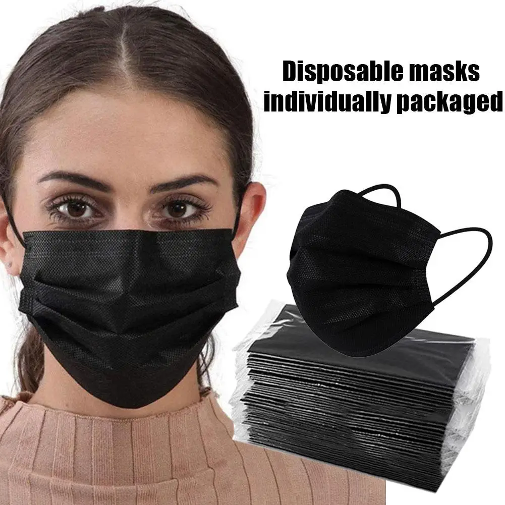 50PCS Disposable Mask Earloop Black Mouth Masks 3 Layers Non-Woven High-end Anti Face Breathable Care Dust Meltblown Mask H4M8