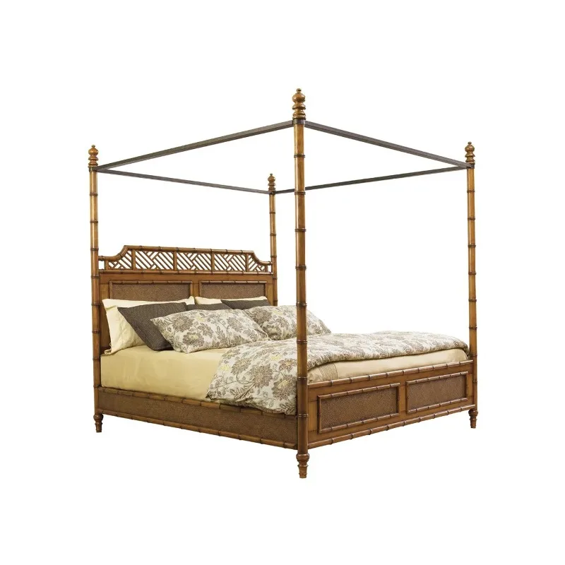 

American Solid Wood Rattan Shelf Bed Vintage Double Bed Carved Bamboo French Roman Post Shelf Master Bedroom Furniture