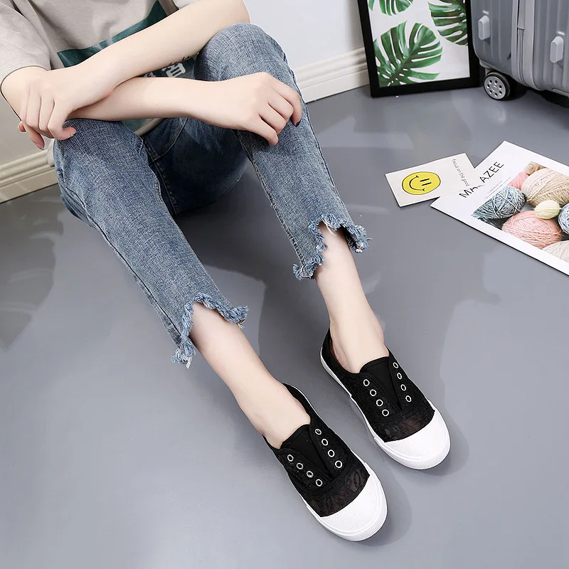Fashion Lace White Canvas Shoes Women Summer Flats Hollow-Out Breathable Casual Women's Sneakers Slip On Female Loafers WSH5745 - view 6