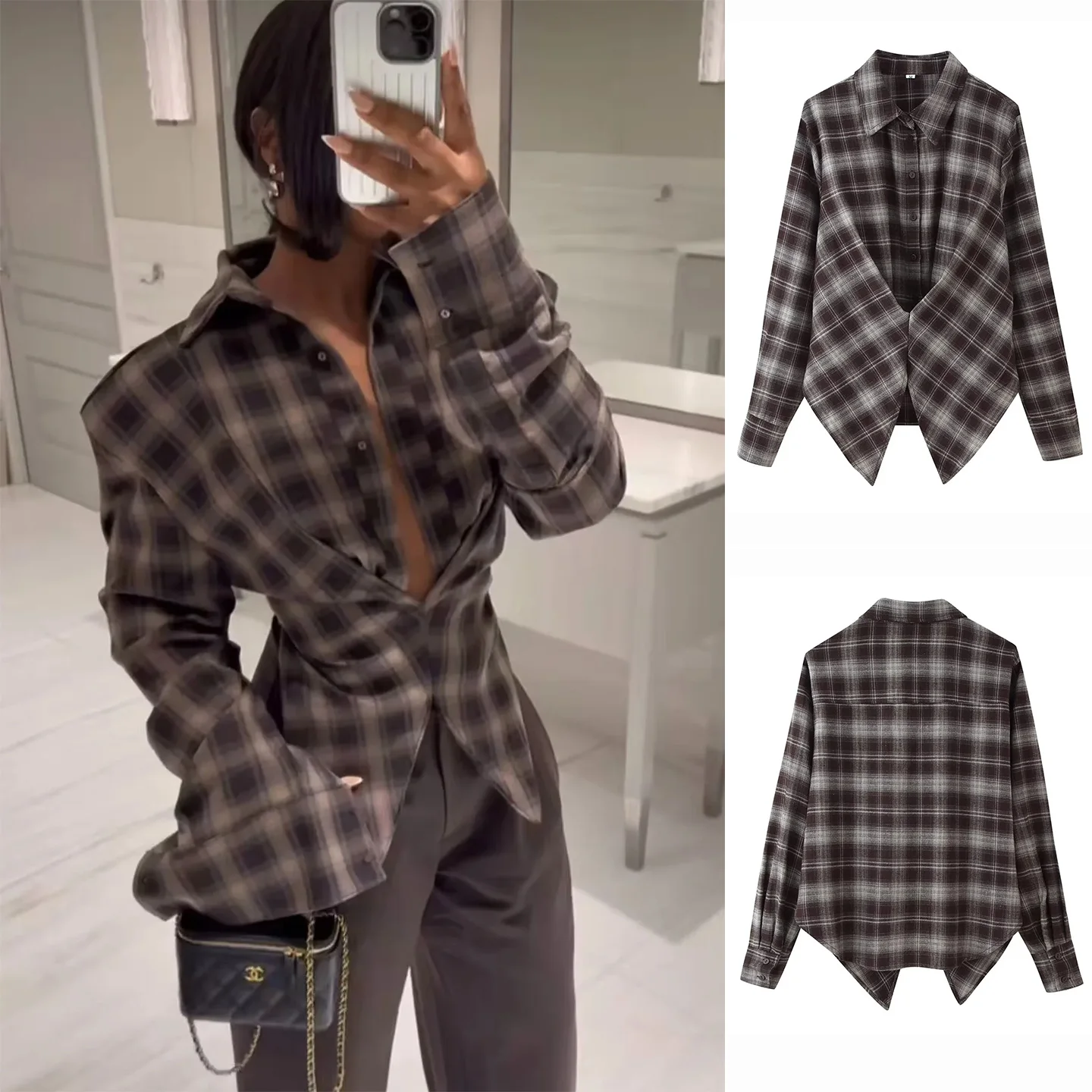 الخريف الشتاء منقوشة irt المرأة فضفاضة تناسب طويلة Sve زر حتى ort الخصر cinched أعلى الأوروبي Sle ألياف البوليستر #1