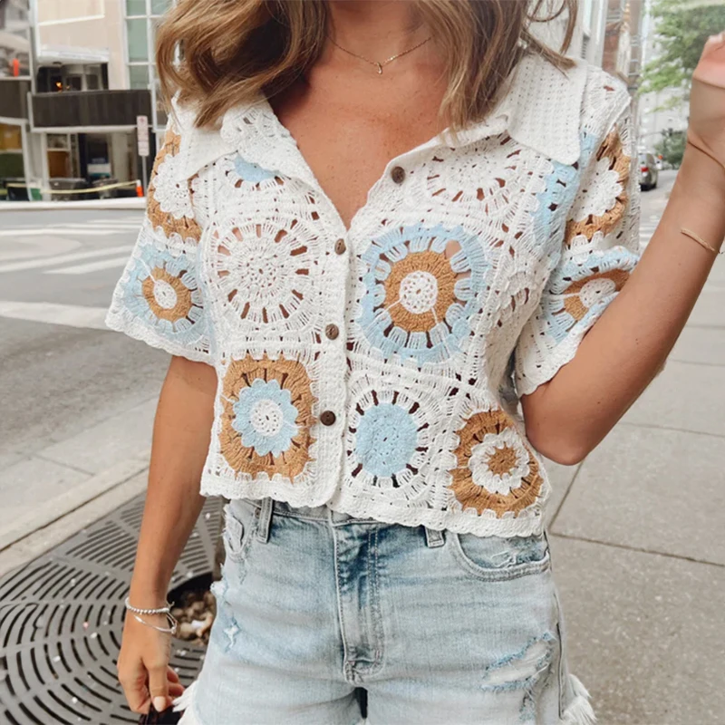 Granny Square Crochet Button-up Top Short Sleeve Sheer Open-knit Crop Cardigan for Women Teengirl Fairycore Vintage Outfit