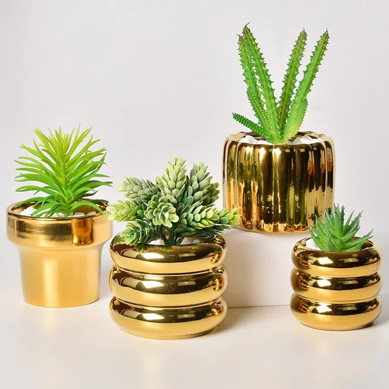 Nordic Electroplated Golden Ceramic Flowerpots Creative Fleshy Green Plantpots Light Luxury High Sense Ornaments Flowerpots - view 2