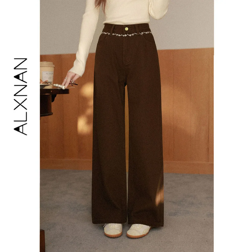 ALXNAN Maillard Brown Jeans Women Autumn High Waist Wide-leg Straight Drape Long Baggy Pants 2026 Fashion Denim Pants L67660