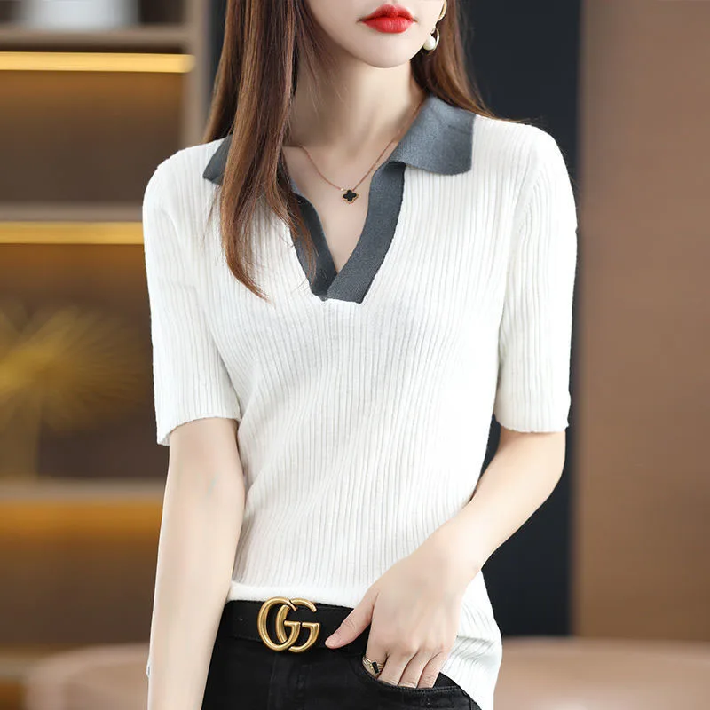 New Summer Fashion Korean Edition Contrast Polo Neck Short Sleeved Sweater Loose and Versatile Western Style Casual Knitted Top