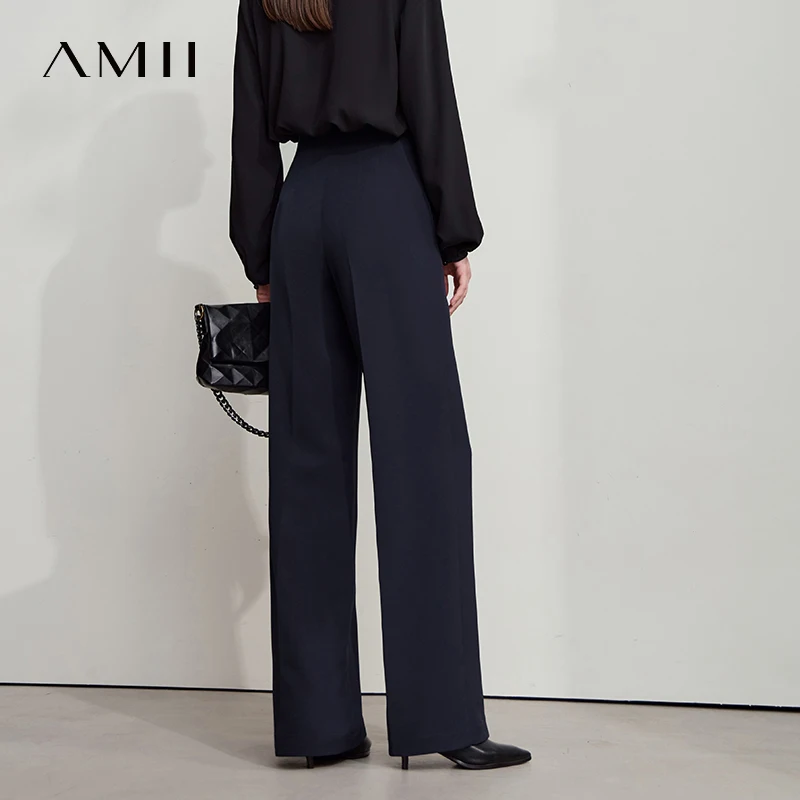 AMII 2025 automne nouveauté minimalisme bureau dame taille haute pantalon solide décontracté inelastique jambe droite pantalon 12523156