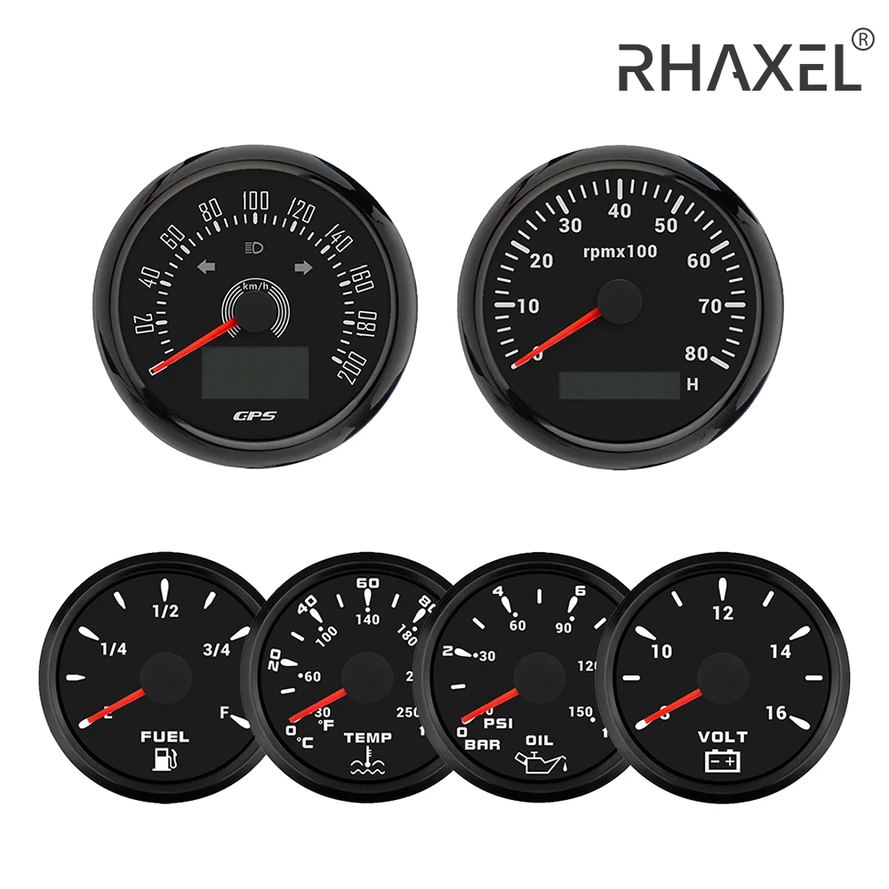 RHAXEL GPS Speedometer 160MPH 200KM/H Tachometer 8000RPM Fuel Level Water Temp. 0-120℃ Oil Pressure 0-10Bar 0-150Psi Voltmeter