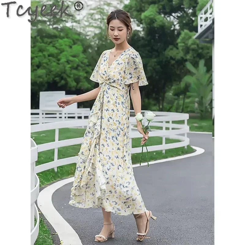 Tcyeek 100% Mulberry Silk Dress 2023 Summer New Women's Dresses High Waist Slim Dresses Women Clothing High End Long Dress LM