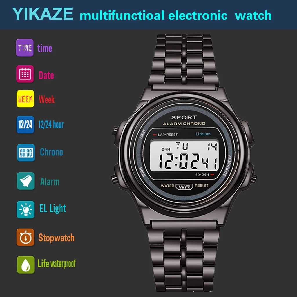 YIKAZE jam tangan Digital Stainless Steel pria, jam tangan olahraga bisnis elektronik Digital mewah untuk pria dan wanita