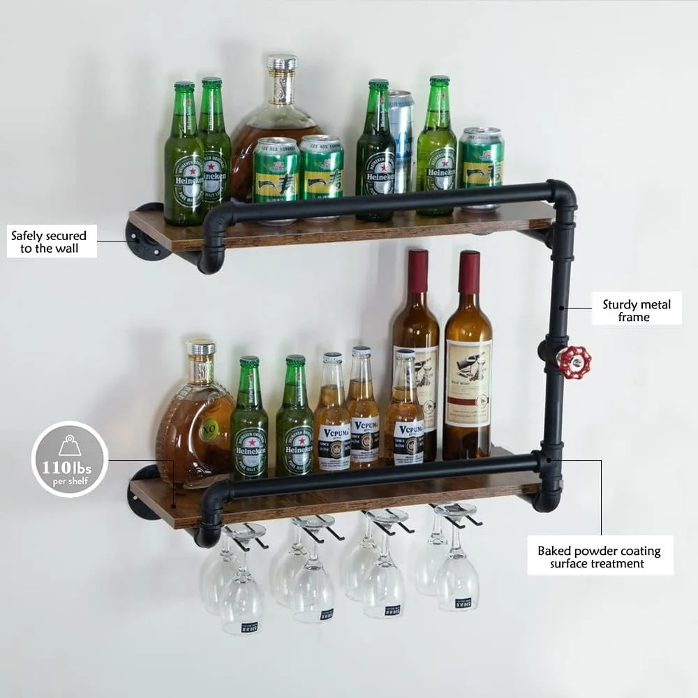 Wijnrek Muur Gemonteerd 2 Tier, Hangende Zwevende Kleine Mini Bar Liquor Planken Met Glazen Houder Opslag Onder