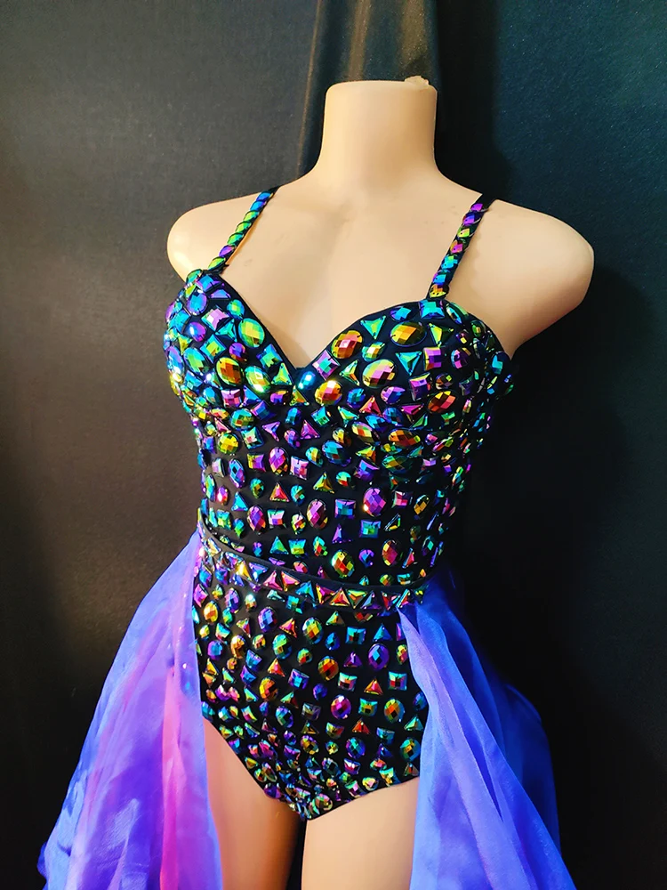 Gogo Dancer Rhinestones Jumpsuit Purple Mesh Skirt Pole Dance Clothes Drag Show Outfit Singer Performance Stage Clothing