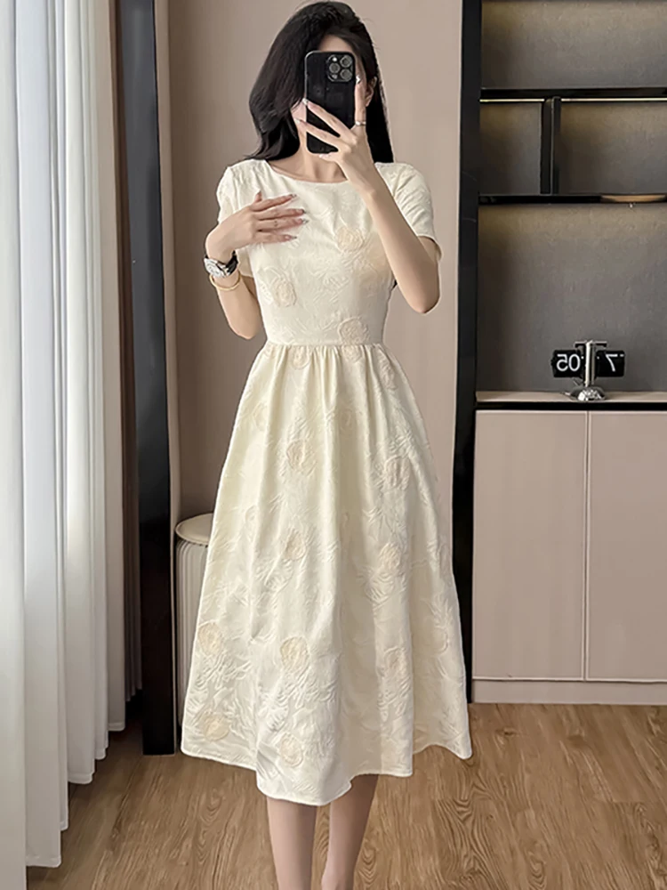 Zomer Witte Jacquard Bloemen Korte Mouw O-hals Lange Jurk Vrouwen Elegant Casual Thuis Jurk 2025, Koreaanse Bodycon Festival Jurken