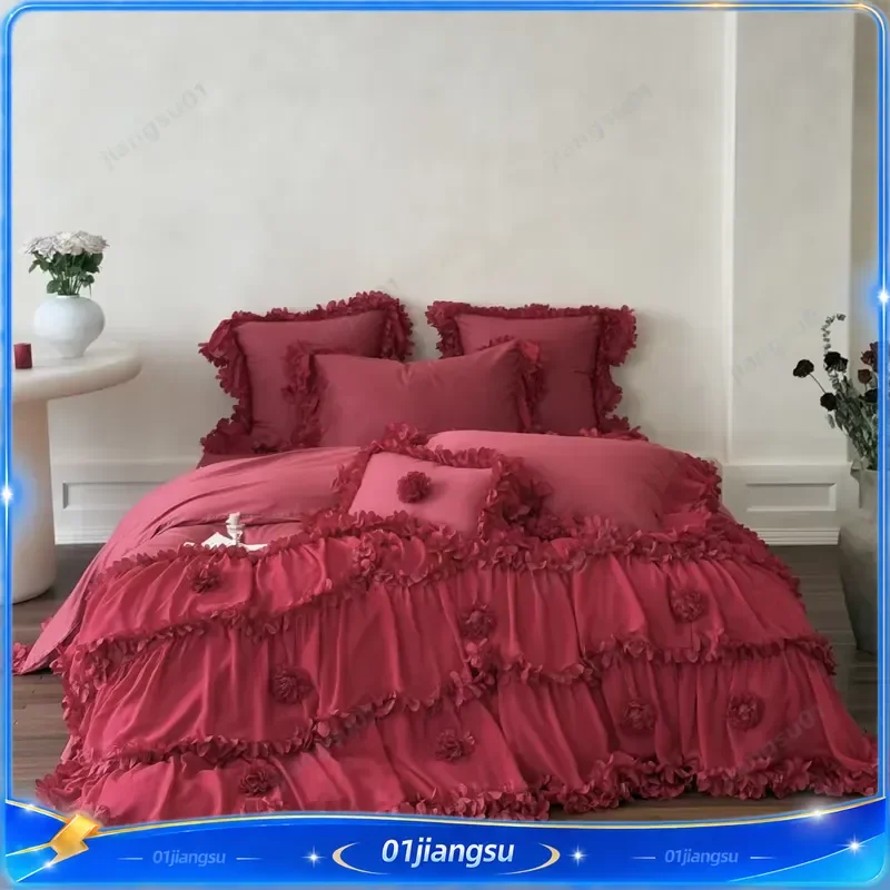 Romantic Lace Ruffles Floral Princess Wedding Bedding Set 1000TC Egyptian Cotton Duvet Cover Flat Fitted Sheet Pillowcases
