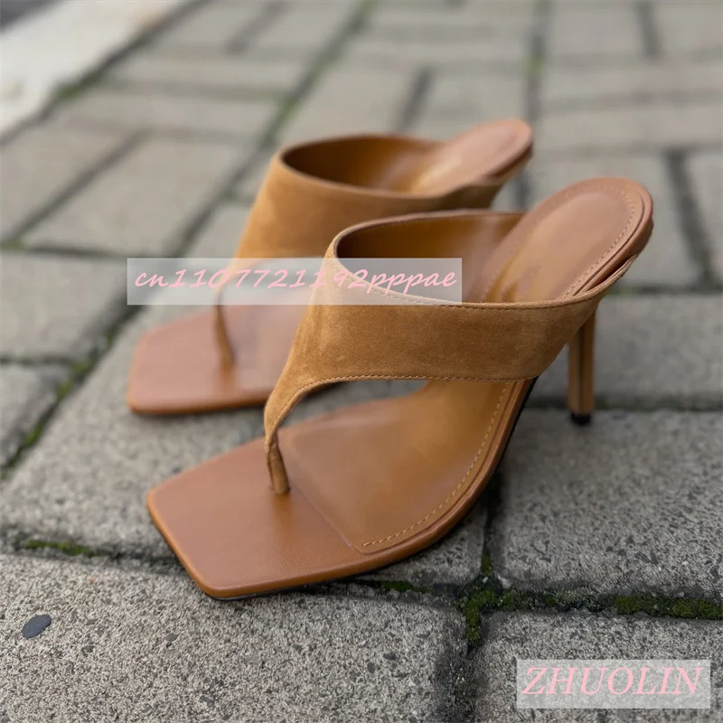 

Women'S Retro Brown Flip-On Slippers Square Toe Stiletto Heel Suede Shoes Simple And Comfortable Big Size Slip-On Slippers 46