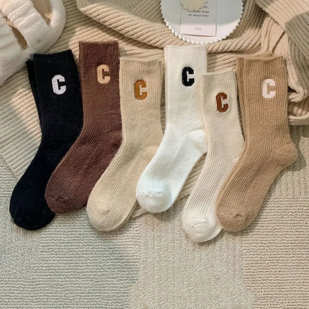 Luxury Polyester Wool Women Wool Socks Keep Warm Knitted Mid-Tube Socks Solid Color Long Cashmere Sock Autumn Winter