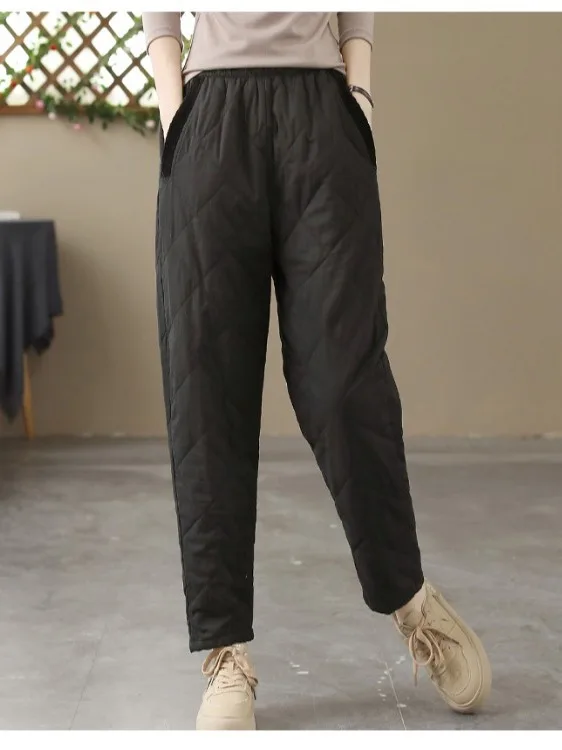 겨울 따뜻한 코튼 Fce 여성 캐주얼 바지 신축성 있는 허리 패치워크 스트라이프 벨벳 루즈핏 하란 바지 퓨어 컬러