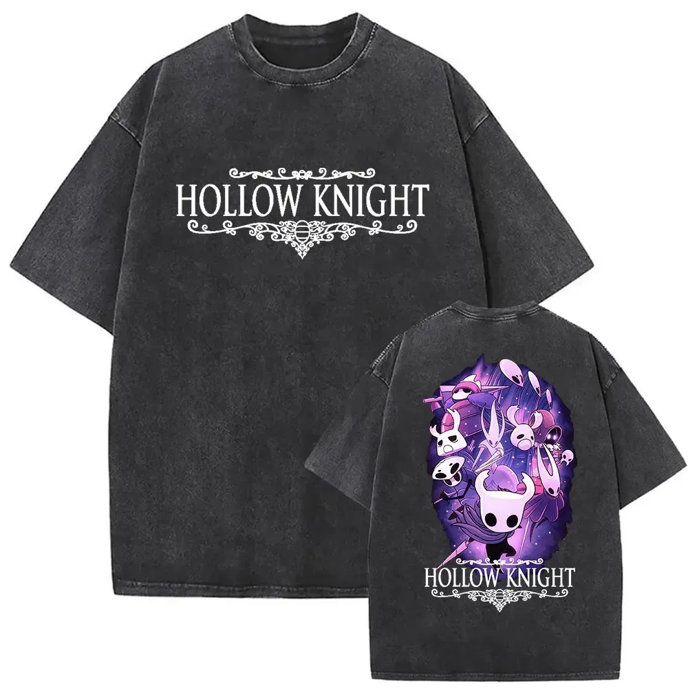 Washed Hollow Knight Print T-Shirts Women Men Oversized Y2k Gothic Short Sleeve Casual Cotton High Quality Female Male Clothing