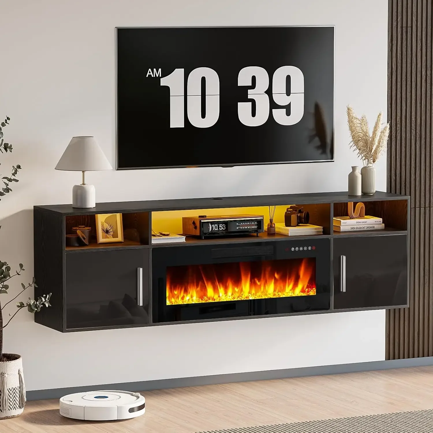 Wall Mounted Floating Tv Stand With Electric Fireplace Entertainment Center Storage Highlight Cabinet For Living Room