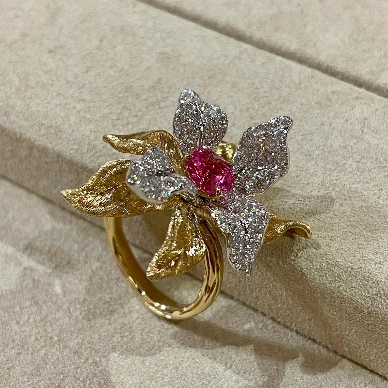 

Luxury 925 Silver Ruby Flower Gold Rings For Women Fashion Elegant Floral Full Diamond Band Cocktail Rings Statement Jewelry