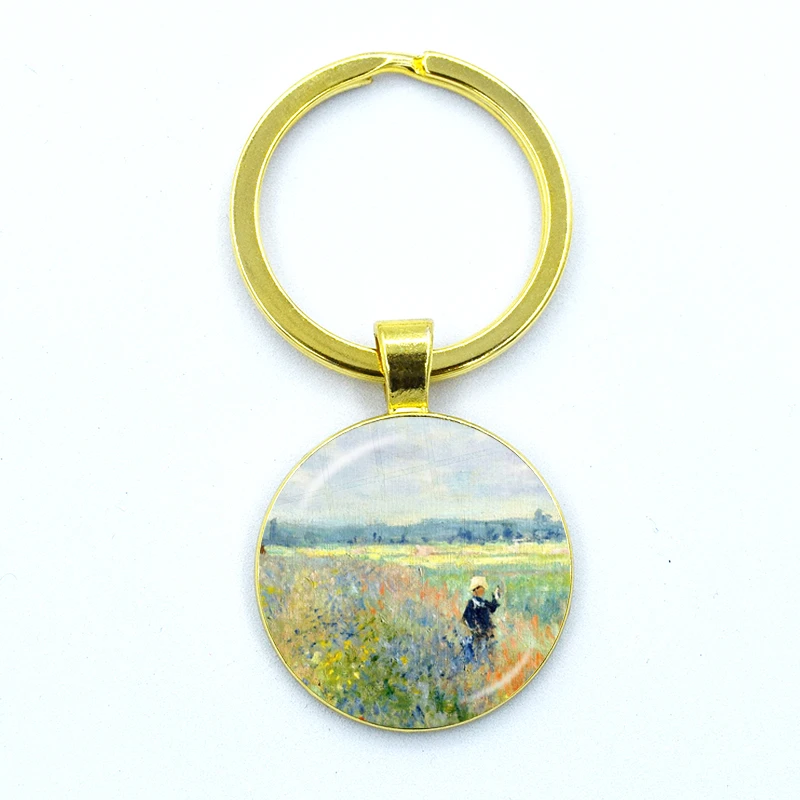 Claude Monet at Argenteui Landscape Oil Painting Keychain Glass Dome Key Ring Bag Car Keyring Holder Charms Jewelry Gifts