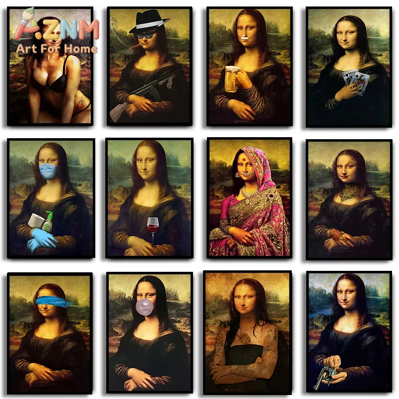 1pc frameless Canvas Painting Funny Mona Lisa Poster Wall Art Canvas Painting Posters Classsic Oil Painting Character Funny Inte