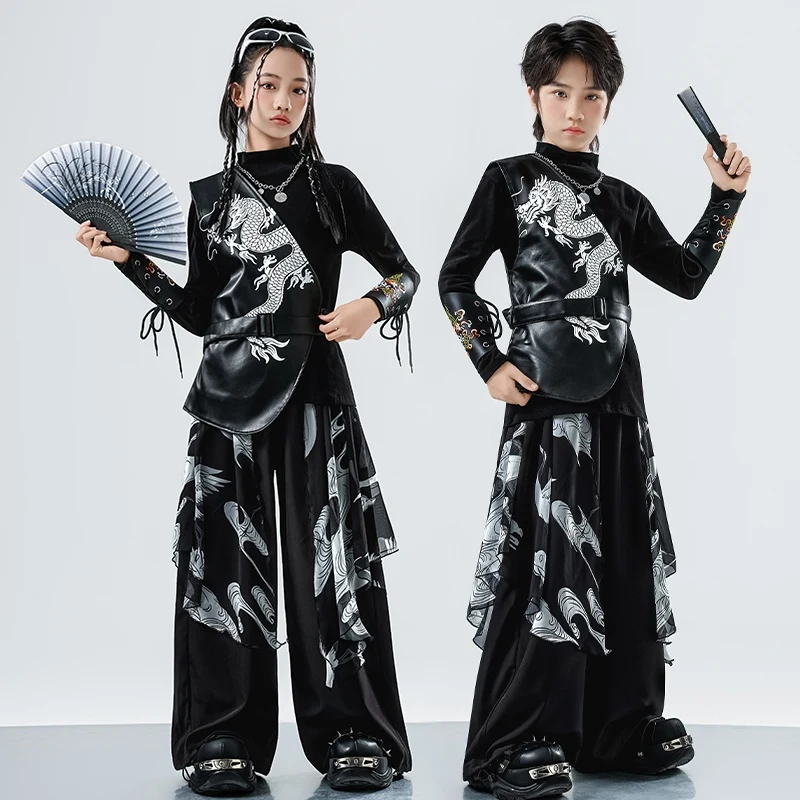 

Одежда в китайском стиле в стиле хип-хоп, детский черный костюм, топы с длинными рукавами, брюки, костюмы для барабанного шоу для мальчиков, одежда для джазовых уличных танцев для девочек