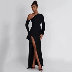 Sexy Diagonal Shoulder Black Dress Fashion Elegant Long Sleeve Split Women Dress Spring Party Evening Long Dress Vestidos