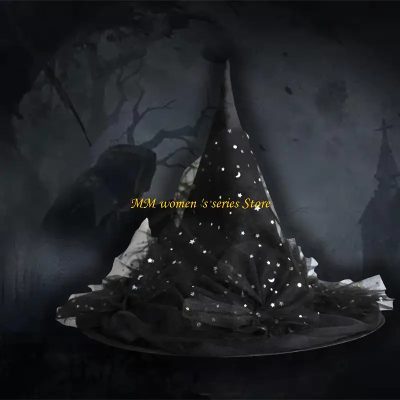 Q39C Sequins Witch Hat Party Accessory Unique Black Wizard Hat Fashion Accessory