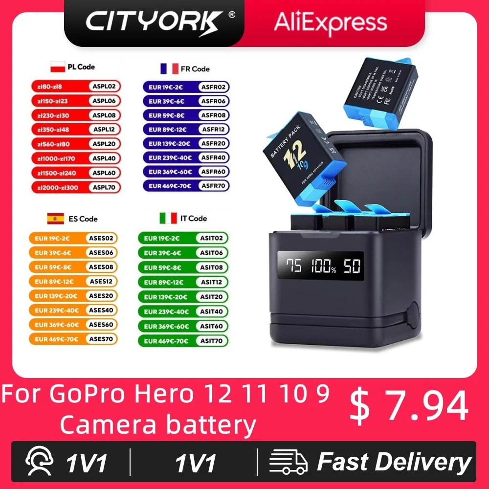 

For GoPro Hero 12 11 10 9 2000 mAh Battery + LCD 3-Slots Charger Box with Type-C Port TF Card Reader For GoPro Hero Accessories