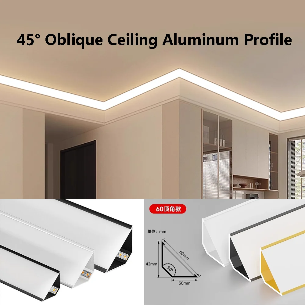 45도 경사형 LED 천장 알루미늄 프로파일 거실 침실 천장 벽 상단 코너 V형 하드 스트립 라이트 홈 데코