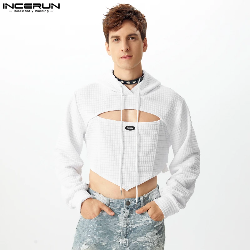 2024 INCERUN Men Sexy Long Sleeve Tops Hollow Out Printing Cut Off Hooded Sweatshirts Loose Waffles Sense Of Design Pullovers