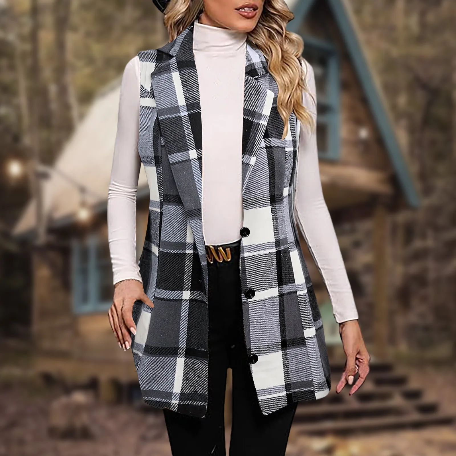 

Women's Plaid Vest Coat Casual Lapel Neck Button Front Sleeveless Jacket Outerwear Clothes Women Trendy