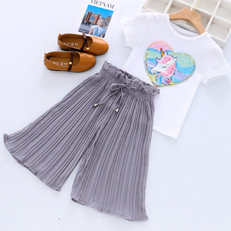 Toddler Girls Clothing Sets 2024 Summer Girls Clothes Unicorn Sequins Chiffon Pant Sets Kids Trascksuit Outfit Children Clothing