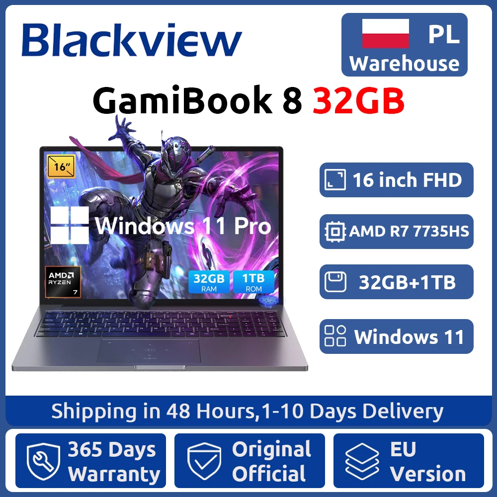 Blackview ‎ GamiBook 8 AMD R7 7735HS 16" 5000MAH Laptop 16GB+512GB / 32GB+1TB Windows 11Pro BT5.2 Wifi 6 Beleuchtete Tastatur