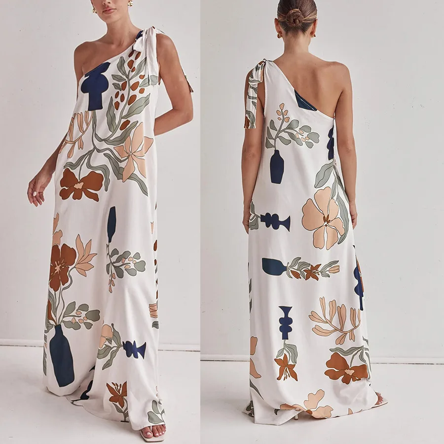 Spring And Summer New Slanted Shoulder Print Pocket Dress, Casual Loose Holiday Dress