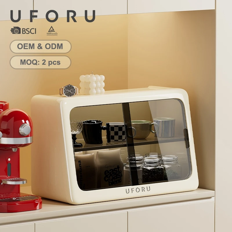 Boîte de rangement pour tasses UFORU, anti-poussière, double couche, grande capacité, porte coulissante, organiseur de tasses à café pour la cuisine, le bureau, le bureau à domicile
