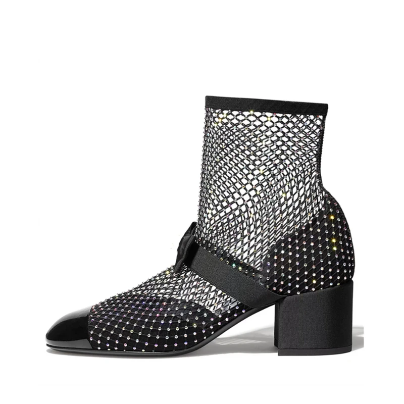 Wiosna Lato 2023new Rhinestone Bowkno Sexy Mesh Boots High Heels Small Fragrance Style Sandals Europe America Big Size 45 46