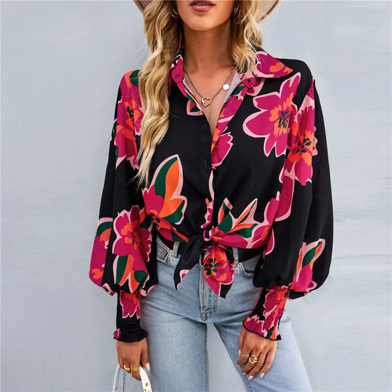 Contrast Color Lapel Blouse Loose Buttoned Style Long Sleeves Leisure Fashion Women Dress