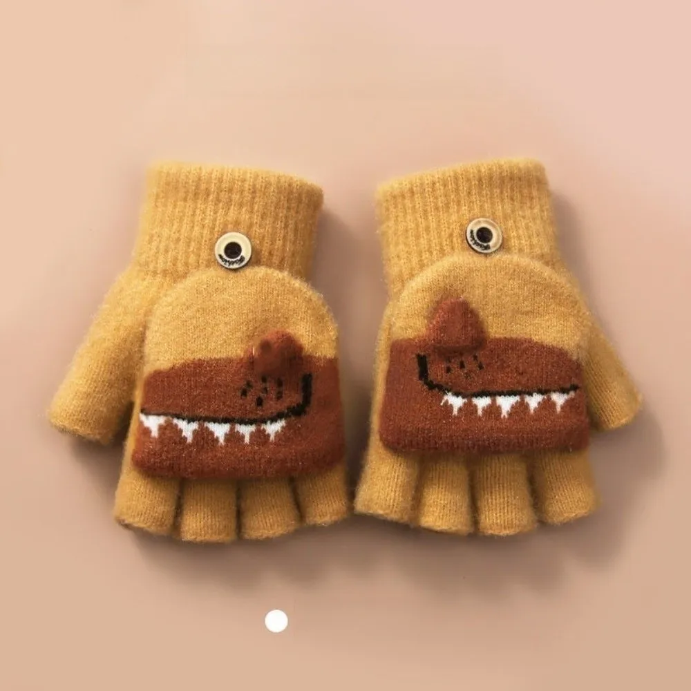 Knitted Half-Finger Gloves Thick Warm Cartoon Crocodile Design Flip Top Gloves Soft Elastic Cuff Convertible Mittens Winter